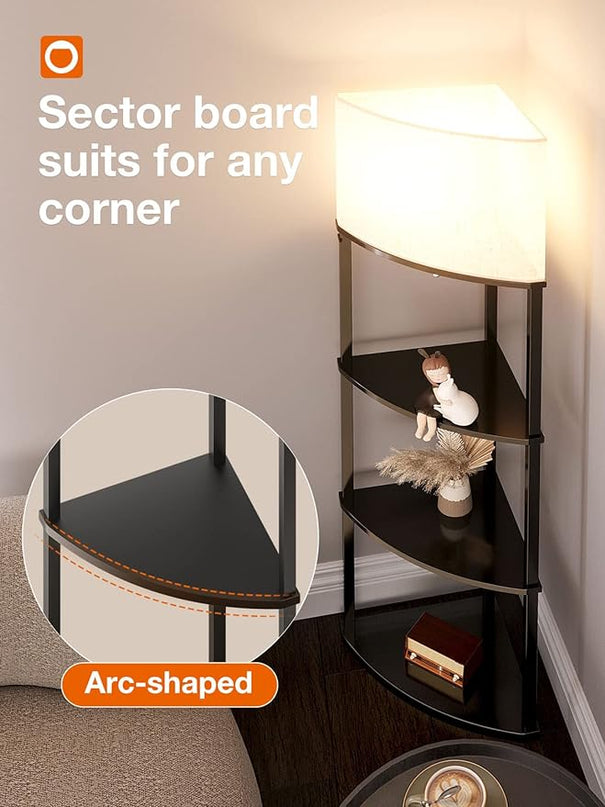 addlon corner lamp 5-Tier Shelf Floor Lamp Display with 3 Color Temperatures LED Bulb and Linen Lamp Shade, Shelves for Living Room, Bedroom and Office - Black - LeafyLoom