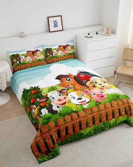 Kids Cartoon Comforter Set Toddler Cute Farm Animals Comforter Cattle Sheep Pigs Dogs Horses Bedding Set for Boys Girls Children Farmhouse Duvet Set Ultra Soft Room Decor Queen Size Colorful Quilt Set - LeafyLoom