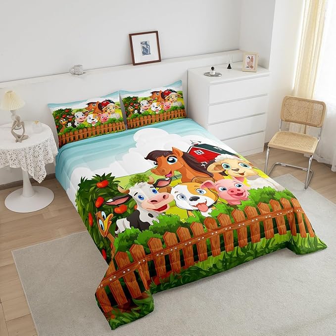 Kids Cartoon Comforter Set Toddler Cute Farm Animals Comforter Cattle Sheep Pigs Dogs Horses Bedding Set for Boys Girls Children Farmhouse Duvet Set Ultra Soft Room Decor Queen Size Colorful Quilt Set - LeafyLoom