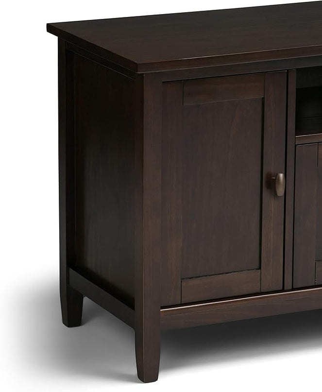 SIMPLIHOME Warm Shaker SOLID WOOD Universal TV Media Stand, 72 Inch Wide, Farmhouse Rustic, Living Room Entertainment Center, for Flat Screen TVs up to 80 Inch in Tobacco Brown - LeafyLoom