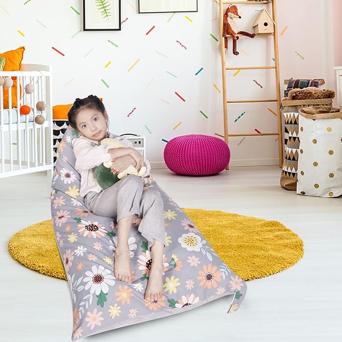 Stuffed Animal Storage Bean Bag Chair Cover, Velvet Canvas Gray Sunflower Plush Toy Storage Stuff and Sit Seat for Kids/Teens/Adults, 52" x 31" Extra Large Sofa, 200L/52Gal, Cover Only - LeafyLoom