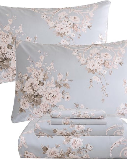 QSH Floral King Size Sheet Sets - 100% Egyptian Cotton Floral Bedding Sheets Blue Vintage Paisley Flower Pattern Printed Bedding King Size Bed Sheets 17.5" Extra Deep Pocket 4pcs - LeafyLoom