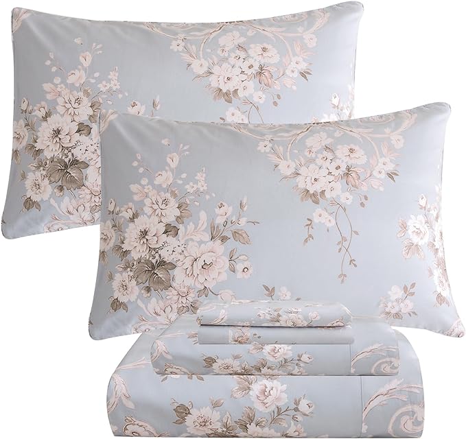 QSH Floral King Size Sheet Sets - 100% Egyptian Cotton Floral Bedding Sheets Blue Vintage Paisley Flower Pattern Printed Bedding King Size Bed Sheets 17.5" Extra Deep Pocket 4pcs - LeafyLoom