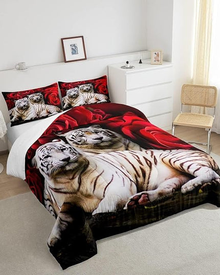 Tiger Comforter Set King, Red Rose Comforter Kids Girls Women,Red Image Of Large Cat Playing with Water Cool Nature Animal Quilted Duvet Insert Gorgeous Floral Flower Bedding Comforters,Brown - LeafyLoom