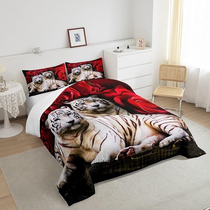 Tiger Comforter Set King, Red Rose Comforter Kids Girls Women,Red Image Of Large Cat Playing with Water Cool Nature Animal Quilted Duvet Insert Gorgeous Floral Flower Bedding Comforters,Brown - LeafyLoom