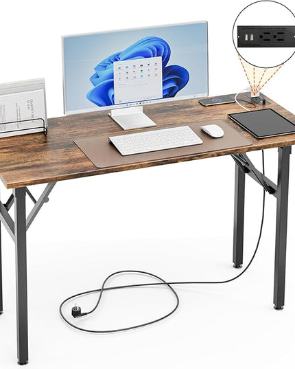 TEMI Folding Desk with USB & Socket 31.5", Computer Desk with Outlet for Home Office, Folding Table for Bedroom, Office Desk for Small Space, Small Desk with Black Frame, Rustic Brown - LeafyLoom