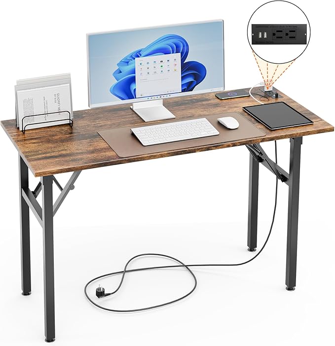TEMI Folding Desk with USB & Socket 31.5", Computer Desk with Outlet for Home Office, Folding Table for Bedroom, Office Desk for Small Space, Small Desk with Black Frame, Rustic Brown - LeafyLoom