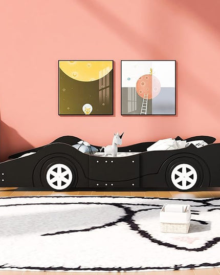 Car Shaped Toddler Bed with Wheels,Racecar Platform Beds W/Safety Guardrail,Slats Support,Stylish Design,Easy Assembly,Wood Twin Bedframe for Boys Toddlers Kids Teens Bedroom,Black - LeafyLoom