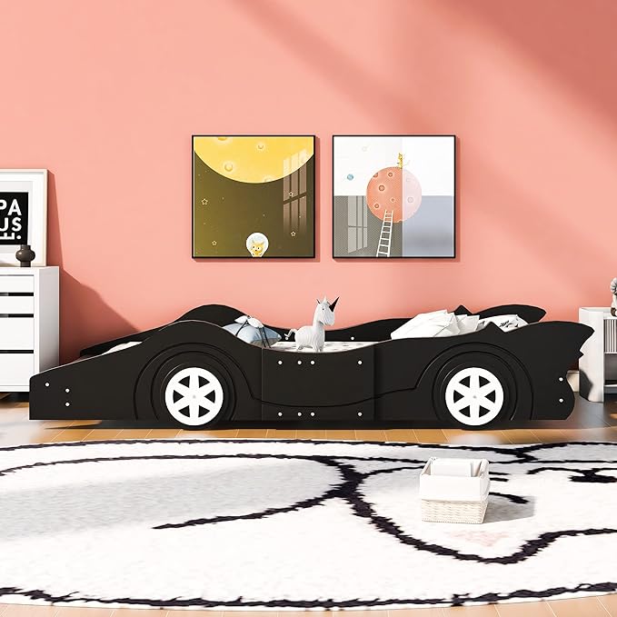 Car Shaped Toddler Bed with Wheels,Racecar Platform Beds W/Safety Guardrail,Slats Support,Stylish Design,Easy Assembly,Wood Twin Bedframe for Boys Toddlers Kids Teens Bedroom,Black - LeafyLoom