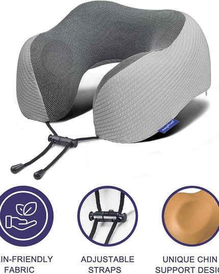 napfun Neck Pillow for Traveling, Upgraded Travel Neck Pillow for Airplane 100% Pure Memory Foam Travel Pillow for Flight Headrest Sleep, Portable Plane Accessories, Striped Light Grey - LeafyLoom
