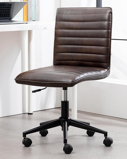 Furniliving Leather Home Office Chair, Armless Vanity Desk Task Chair with Wheels 360° Swivel Computer Rolling Desk Chair with Back, Adjustable Accent Chair with Gold Metal Base Stool - LeafyLoom