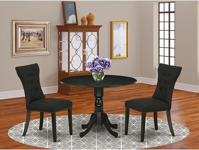 East West Furniture DLGA3-BLK-24 3 Piece Kitchen Table & Chairs Set Contains a Round Dining Room Table with Dropleaf and 2 Black Linen Fabric Parsons Dining Chairs, 42x42 Inch, Black - LeafyLoom