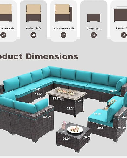 Patio Furniture Set with Fire Pit Table 15 PCS Outdoor Sectional Furniture Outdoor Rattan Patio Conversation Sets with 43in 55,000 BTU Propane Gas Fire Pit Table Glass Table, Blue - LeafyLoom