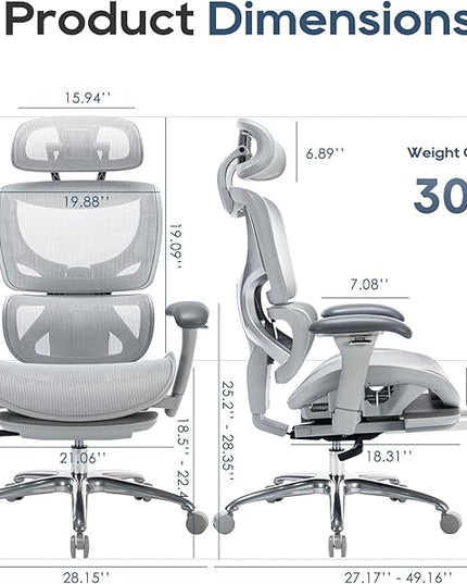 Ergonomic Mesh Office Chair with Footrest, Executive High Back Computer Desk Chair with Wide Headrest and Adjustable 3D Arms, Backrest, Tilt Lock and Lumbar Support-Grey - LeafyLoom