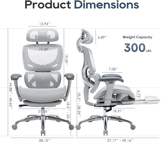 Ergonomic Mesh Office Chair with Footrest, Executive High Back Computer Desk Chair with Wide Headrest and Adjustable 3D Arms, Backrest, Tilt Lock and Lumbar Support-Grey - LeafyLoom