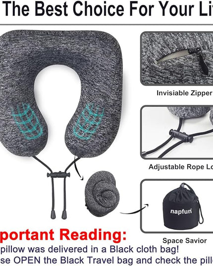 napfun Travel Pillow for Airplane, Premium Memory Foam Neck Pillow for Flight Headrest Sleep, Portable Plane Accessories, Deep Gray - LeafyLoom