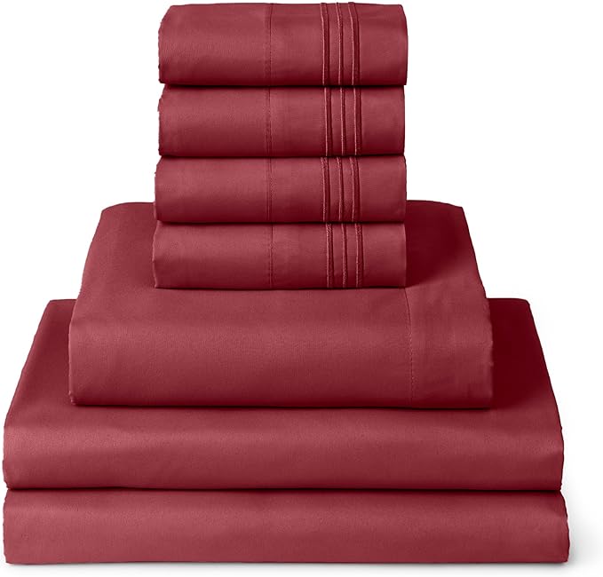 Mellanni Split King Sheets Set - 7 PC Iconic Collection Bedding Sheets & Pillowcases - Ultra Soft, Cooling Bed Sheets - Deep Pocket up to 16 inch - 7 PC (Split King, Brick Red w/Extra Pillow Cases) - LeafyLoom