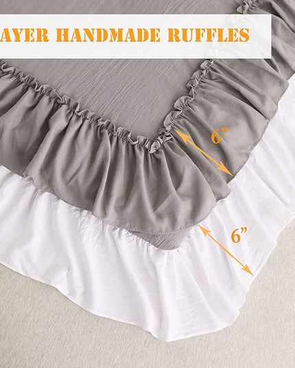 Ruffle Queen Comforter Set,Grey White Ruffled Comforter Sets for Queen Bed Shabby Boho Chic Farmhouse Bedding Set(1 Ruffle Comforter and 2 Pillowcases) - LeafyLoom
