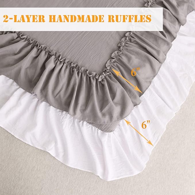 Ruffle Queen Comforter Set,Grey White Ruffled Comforter Sets for Queen Bed Shabby Boho Chic Farmhouse Bedding Set(1 Ruffle Comforter and 2 Pillowcases) - LeafyLoom