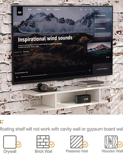Floating TV Stand, Wall Mounted Entertainment Center and Cabinet Shelf, TV Console with Storage, Media Console for DVD Player, Space-Saving Under TV Shelf for Bedroom, Living Room (White) - LeafyLoom