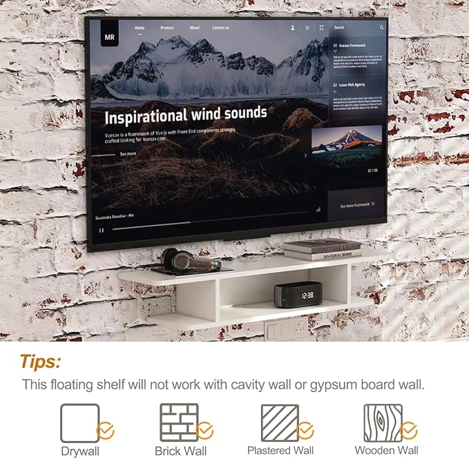 Floating TV Stand, Wall Mounted Entertainment Center and Cabinet Shelf, TV Console with Storage, Media Console for DVD Player, Space-Saving Under TV Shelf for Bedroom, Living Room (White) - LeafyLoom