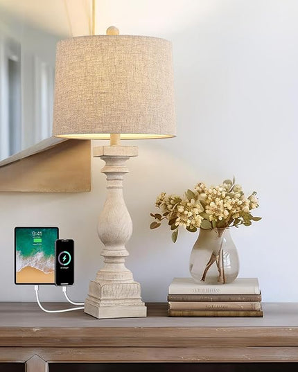 BOBOMOMO Retro 27" USB Charging Ports A/C Wash-White Farmhouse Lamps for Bedrooms Side Table Lamps Bedside Lamp for Nightstand Living Room 1 Pack - LeafyLoom