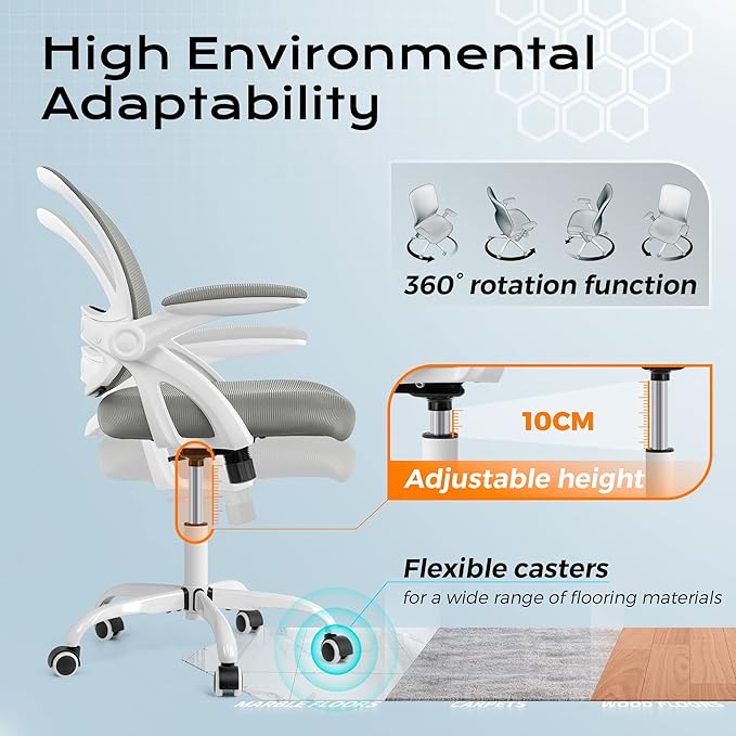 KERDOM Office Chair, Ergonomic Desk Chair, Mesh Computer Chair Height Adjustable, Comfy Swivel Task Chair with Wheels and Flip-up Arms - LeafyLoom