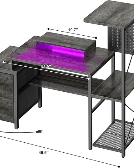 Small Gaming Desk with 2 Fabric Drawers - Reversible Computer Desk with Power Outlet & LED Lights, 49" Office Desk with Monitor Stand & Storage Shelves, Writing Study Table with Pegboard, Grey Oak - LeafyLoom
