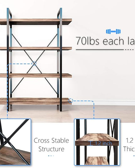 45MinST 4-Tier Vintage Industrial Style Bookcase/Metal and Wood Bookshelf Furniture for Collection,Vintage Brown, 3/4/5 Tier (4-Tier) - LeafyLoom