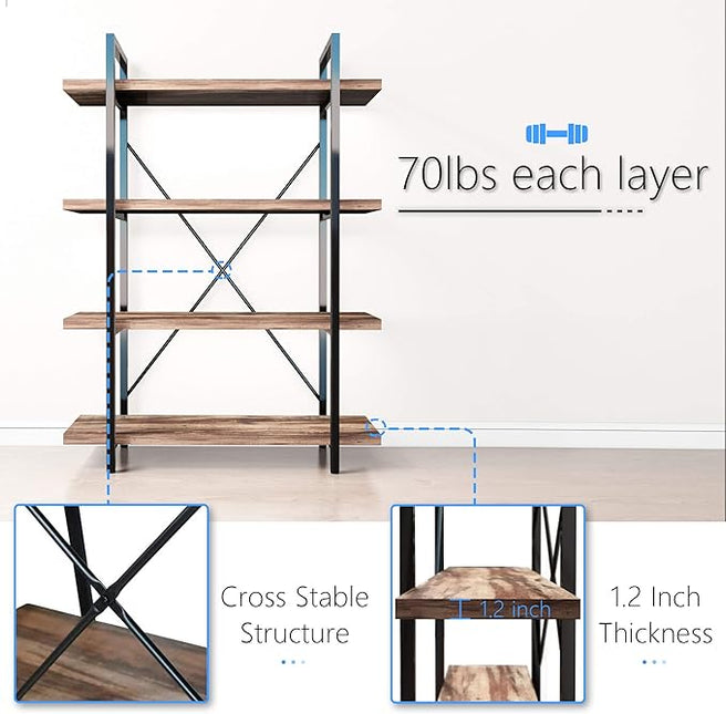 45MinST 4-Tier Vintage Industrial Style Bookcase/Metal and Wood Bookshelf Furniture for Collection,Vintage Brown, 3/4/5 Tier (4-Tier) - LeafyLoom