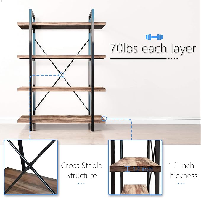 45MinST 4-Tier Vintage Industrial Style Bookcase/Metal and Wood Bookshelf Furniture for Collection,Vintage Brown, 3/4/5 Tier (4-Tier) - LeafyLoom