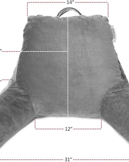 Nestl Reading Pillow with Portable Laptop Lap Desk, Velvet Feel Back Pillow for Sitting in Bed, Shredded Memory Foam Back Support Pillow for Bed, Bed Rest Pillow with Arms, Standard - Gray - LeafyLoom