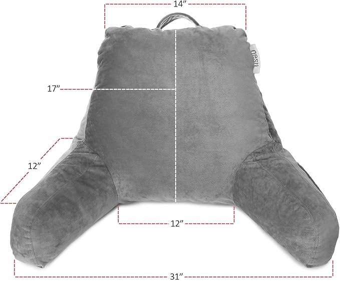 Nestl Reading Pillow with Portable Laptop Lap Desk, Velvet Feel Back Pillow for Sitting in Bed, Shredded Memory Foam Back Support Pillow for Bed, Bed Rest Pillow with Arms, Standard - Gray - LeafyLoom