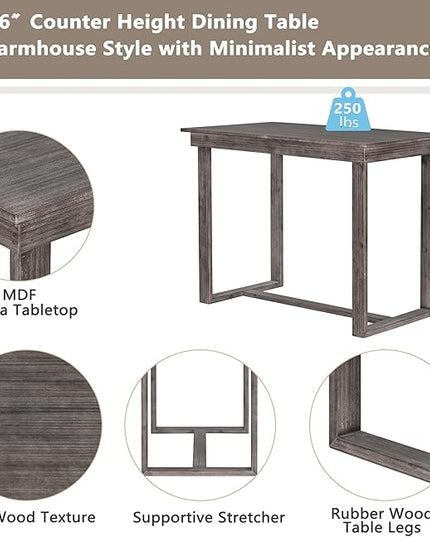 5 Piece Farmhouse Counter Height Dining, Wooden Set with 1 Rectangular Table and 4 Upholstered Chairs for Small Spaces Eat-in Kitchen, Gray - LeafyLoom