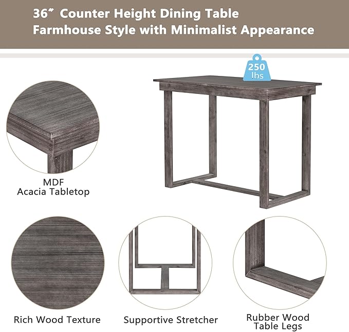 5 Piece Farmhouse Counter Height Dining, Wooden Set with 1 Rectangular Table and 4 Upholstered Chairs for Small Spaces Eat-in Kitchen, Gray - LeafyLoom