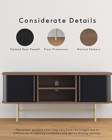roomfitters Sideboard Buffet Cabinet with Sliding Doors, Mid Century Modern Credenza with 2 Tambour Doors, Minimalist Accent Storage Cabinet for Living Room, Media Console with Storage, Walnut Black - LeafyLoom