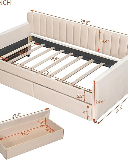 Twin Size Velvet Upholstered Daybed with Two Storage Drawers, Solid Wooden Bed Frame w/Vertical Stripes Designed Backrest and Pine Legs, Space-Saving Design, for Kids, Bedroom, Dorm, Beige-7 - LeafyLoom