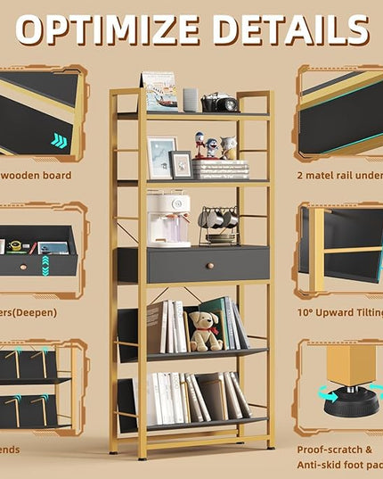 Bookshelf with Drawers- 60'' Wide Industrial Book Shelf with Bookend, 5 Tiers Tall Storage Shelves, Steel Frame Display Rack, Suitable for Bedroom, Office, Living Room-27'' Depth Black - LeafyLoom