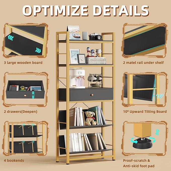 Bookshelf with Drawers- 60'' Wide Industrial Book Shelf with Bookend, 5 Tiers Tall Storage Shelves, Steel Frame Display Rack, Suitable for Bedroom, Office, Living Room-27'' Depth Black - LeafyLoom