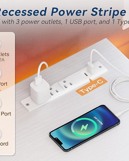 KKL Small Desk with Power Outlets and USB Port Computer Desk for Home Office Gaming Simple Modern Style Writing Desks with Storage Bag Headphone Hook, 40 inch, White - LeafyLoom