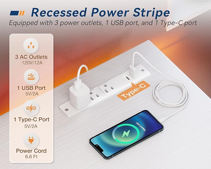 KKL Small Desk with Power Outlets and USB Port Computer Desk for Home Office Gaming Simple Modern Style Writing Desks with Storage Bag Headphone Hook, 40 inch, White - LeafyLoom