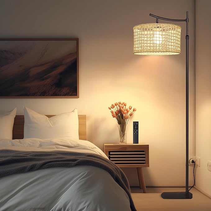 Arc Boho Farmhouse Black Floor Lamp, Standing Lamp with Rattan & Fabric Double Shade with Remote Control, Dimmable LED Bulb with 7 Color Temperature, Tall Pole for Living Room Bedroom Corner Office - LeafyLoom