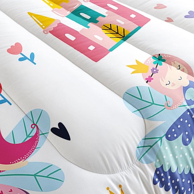 Datura home Girls Bedding Comforter Set Little Princess and Rainbow Castle Printed Pattern Quilt with 1 2 Pillowcases for Bedroom All Season(Princess Queen), Queen 90x90inches - LeafyLoom