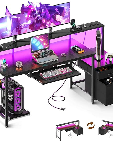 AODK 63 Inch Gaming Desk with Power Outlet & LED Light, Reversible Computer Desk with File Cabinet and Fabric Drawer, Office Desk with Keyboard Tray, Table with Full Monitor Riser and PC Stand, Black - LeafyLoom