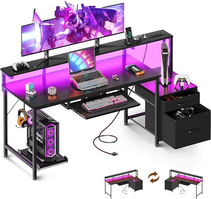 AODK 63 Inch Gaming Desk with Power Outlet & LED Light, Reversible Computer Desk with File Cabinet and Fabric Drawer, Office Desk with Keyboard Tray, Table with Full Monitor Riser and PC Stand, Black - LeafyLoom