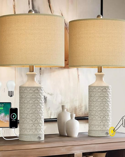PoKat 24" Modern Contemporary Ceramic Lamp Set of 2 for Living Room White Desk Decor Lamps for Bedroom Farmhouse Bedside Nightstand End Table Lamps, White - LeafyLoom