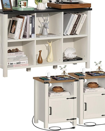 Antique White Nightstand Set of 2, 18 Inch Farmhouse Night Stand with Charger Station and USB Port, Modern Couch Side Table with Magnetic Door and Storage Shelf, Bedside Tables for Bedroom - LeafyLoom