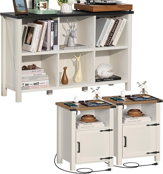 Antique White Nightstand Set of 2, 18 Inch Farmhouse Night Stand with Charger Station and USB Port, Modern Couch Side Table with Magnetic Door and Storage Shelf, Bedside Tables for Bedroom - LeafyLoom