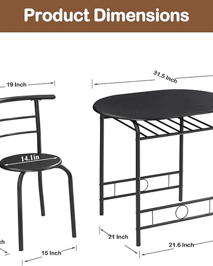 VECELO 3 Piece Small Round Dining Table Set for Kitchen Breakfast Nook, Wood Grain Tabletop with Wine Storage Rack, Save Space, 31.5", Matte Black - LeafyLoom
