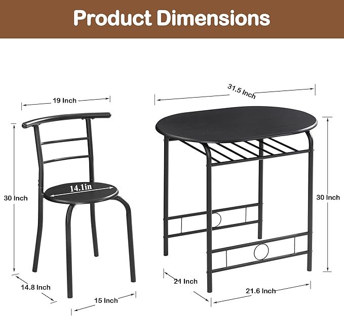 VECELO 3 Piece Small Round Dining Table Set for Kitchen Breakfast Nook, Wood Grain Tabletop with Wine Storage Rack, Save Space, 31.5", Matte Black - LeafyLoom
